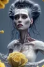 Placeholder: 4K Ultra-HD, Hyper realistic, cinematic lighting -- the bride of Frankenstein , short, bowl-cut black hair, dead eyes, Yellow skirt, blue blouse with short poofy sleeves, extremely pail skin, wilted Rose pedals, gloomy, foggy, Castle, Full body image -- 4k, stunning, dramatic lighting, dramatic background, cinematic, atmospheric, very detailed, historic, powerful, octane rendering, exquisite detail, 30 - megapixel, 4k, 85 - mm - lens, sharp - focus, intricately detailed