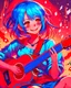 Placeholder: Art style Anime manga, Girl with blue hair playing a red magic guitar, several musical notes behind her, light red eye color, wears casual clothes but involves music, She smiles while playing with one of her eyes closed