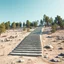 Placeholder: Photograph, wasteland, taiga trees, bright, brutalist steps, daylight, rocce, infinite cage up to the sky, brutalist, liquid, polvere, open air museum style, blue, apparecchi elettronici, powder, minimalist, details of the dust very accentuated, deep 3d field