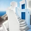 Placeholder: Minimalist abstract cyanotype photo of stairs outside a Greek house