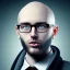 Placeholder: PORTRAIT HOMME CHAUVE, BARBE, YEUX BLEU, LUNETTES, PARLE DANS UN MICRO