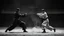 Placeholder: A black and white scene in which two wushu stickmen are fighting.