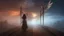 Placeholder: walking straight ahead over a wooden bridge, holding the angel of death with your right hand, entering the fog at the end of the road that leads to the afterlife, and a beautiful sunset and galaxy's behind the fog, realistic