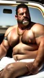 Placeholder: full body shot photography of an Italian sicilian taxi driver burly ugly sitting in the taxi, chubby tired 45 years old driving shirtless, bullneck, thin gold chains, short beard, sweat, short hair, bulge, robust, manly chest, looking down, big shoulders,, photorealistic, side light, ambient occlusion, tired eyes. 35mm lens, internal view inside the Taxi