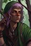 Placeholder: Middle aged wood elf, rogue assassin, brown skin, bright green eyes, mauve hair, sneaky, trees, stoner, long bow, black leather straps, disheveled, smoking weed