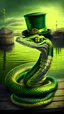 Placeholder: a green and yellow snake that looks like a cobra , wearing a top hat , a monocle, curled up on a dock