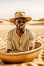 Placeholder: African man wearing hat and sunglasses, rowing small boat in desert sand