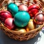 Placeholder: digital photograph of off-center modern basket colorful Easter eggs. eggs display intricate textures in azure, emerald, blush, crimson, sapphire, and gilded metallic hues. cinematic HDR backlighting highlights subtle dimples and glossy reflections, with shallow depth of field softening the sunlit background. hyperrealistic 8k resolution,