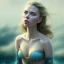 Placeholder: A beautiful portrait of a fusion of Scarlett Johansson and Elle fanning as a mermaid , leaning on a ships deck ,Rough sea in the background, (digitall art by Eugene de Blaas and Ross Tran, vibrant color scheme, highly detailed, in the style of romanticism, cinematic, artstation best quality, realistic lighting, masterpiece portrait, details light dusting , cowboy shot from above, simple chain hauberk Vector art digital illustration 3D shading )