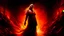 Placeholder: A beautiful woman stands in the center of a dreamlike, surreal landscape. She wears a flowing, revealing red dress that clings like liquid fire to her form, catching the light as though woven from silk and flame. Half of her body is bathed in a warm, golden glow, while the other half is cloaked in deep, living shadows that move and curl around her like sentient smoke. Her expression is unreadable—serene, yet tinged with danger—as if she exists between temptation and mystery. Behind her, the sky