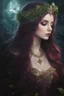 Placeholder: Burgundy hair, dark hair,dark red , rapunzel hair,very long hair,dark fairy princess,elven crown,night,dragonflies,beautiful,ong ashes,golden armor ,sparkle,night blooming,ivy,dark green,lilly of valley,golden elven crown