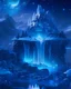 Placeholder: Mystical floating island with a lush garden, ancient ruins, and a cascading waterfall, under a starry twilight sky.A small frozen crystal blue lake centered around snowy mountains, high resolution, realistic, beautiful, volumetric lighting, colorful, masterpiece, crystalline, strong blue color, detailed, aerial view, 8K, intricate details, cyberpunk, cosmic