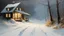 Placeholder: A cabin at the end of a snow covered road with a porch light on during a heavy snow storm with blowing snow and drifts, lots of heavy snow :: by Robert McGinnis + Jeremy Mann + Carne Griffiths + Leonid Afremov, black canvas, clear outlining, detailed