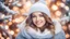 Placeholder: Beautiful young woman in winter hat and sweater over Christmas background, , winter season, snow, happy holidays