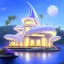 Placeholder: landscape of summer tropical ambient beutiful villa white gold and neon lights bright and colorful bright gloss effect of a futuristic house,like spaceship, natural round shapes concept, large transparent view of the open outdoor garden,sea beach at sunset, gold crystals,with light pink, flowers of Lotus, beutiful pools, light of sun , palmiers,cerisiers en fleurs, wisteria, sun , stars, small waterfalls