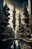Placeholder: a stunningly weird image of a futuristic metropolis using Salvador Dali's paranoiac-critical method, where buildings and structures appear to melt into the skyline cityscape is filled with floating mad, twisted sharp metal shapes that interact with the buildings and each other, forming a surreal tableau of a dreamlike reality. neu-steampunk vibe, essence of the scene in a cinematic manner, with dramatic shadows that enhance the distorted perspectives and bizarre