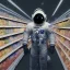 Placeholder: Dessin irréaliste d'un astronaute qui porte son casque qui fait ses course dans un supermarché, de profile, vue de tout le corps, angle bas, 8k, 3D, très détaillée , cinema 4D, vue en profondeur