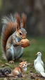 Placeholder: Beautiful squirrel holding a walnut and a puppy is watching with a small cat and a white dove
