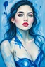 Placeholder: A beautiful young women painted with Liquid abstract blue painting,