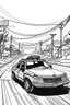 Placeholder: Outline art, no shading, police car on the road, cartoon style, black and white, low detail, --ar 9:11