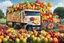 Placeholder: Captivating photo of a large truck full of variety of fresh fruits. The truck's exterior is adorned with an eye-catching "Fruits Express" logo. The fruits spill out of the truck, creating a large carpet of fruits on the grass, around them there are people from various backgrounds collecting the fruits with enthusiasm. The atmosphere is one of joy and happiness, with a clear summer sky.