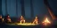 Placeholder: Adventurers resting around a campfire in a forest clearing at night, starry sky, dark fantasy, high detail, high definition, big adventuring bags, atmospheric