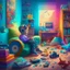 Placeholder: A boy is sitting on the sofa in his room listening to music with headphones, and his toys have come to life and are playing around him. A room full of joy and color.