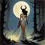 Placeholder: [art by Frank Frazetta] In the shadowed glade, where the moon cast an eerie glow, a figure emerged from the darkness. A demoness, with goat horns spiraling from her head, stood tall and proud. Her vestal linen dress stained with the blood of the celebration she had just made. The demoness wielded a sword, gleaming in the moonlight, a weapon of ancient power and dark intent. Her eyes, a fiery gaze that spoke of untold secrets and forbidden knowledge, surveyed the scene before her with a mix of sa