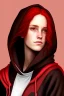 Placeholder: A woman with dark brown eyes and shoulder length red hair wearing a black hoodie. Realistic.