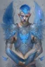 Placeholder: a person in runic armor with blue wings, blue short hair, runic tattoo and spell book