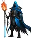 Placeholder: A commander with a matte black combat helmet and eyes with bright blue flaming pupils, a black cape and a long coat with long combat boots and a long, sharp and fiery spear and with his helmet under his cape and two blue flames instead of eyes