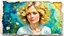 Placeholder: abstract art complementary colors fine details , old torn worn paper, peeling, high grain, portrait blonde , flowers in hair, acrylic, alcohol ink, fine drawing, A blonde woman in her 40s, with flowers woven into her loose, curly hair, sits in a whimsical, dreamlike setting, surrounded by delicate swirling patterns reminiscent of the textures of old torn paper, in a vibrant, abstract style combining acrylic and alcohol ink techniques, with fine detailing that highlights complementary colors, in
