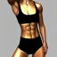 Placeholder: Ultra realism, beautiful woman, 6-pack abs, slim waist, curvy, long hair, black and gold