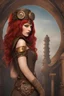 Placeholder: full body and headshot of a skinny Cleopatra, with long straight red hair, standing in a steampunk setting.