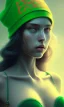 Placeholder: girl, cute, beautiful, long hair, wavy hair, green hair, blue eyes, green beanie, green bra,big titts, black tee shirt, head and shoulders portrait, 8k resolution concept art portrait by Greg Rutkowski, Artgerm, WLOP, Alphonse Mucha dynamic lighting hyperdetailed intricately detailed