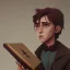 Placeholder: A little handsome brown haired warlock kid with his dark book of shadows by Nick Harris