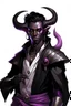 Placeholder: En Young male Black skin black hair tiefling Wizard with large Black horns with a bit of Purple horns same size going from the front to the back. glowing Silver and White symbols