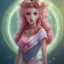 Placeholder: Sailor moon, Beautiful, Fire witch, round face, pale skin, wild curly pink hair, red eyes, pink and red eyeshadow, pink glossy lips, wearing a pink witch, wearing a red crystal necklace