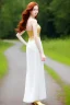 Placeholder: full shot body of very beautiful Woman with pale skin makeup , green eyes, long auburn hair, and high fashion sexy model gold dark lace dress , nice sport shoes. country side ,river ,country houses ,sharp focus