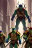 Placeholder: [teenage mutant ninja turtles, blurry background, city underground]Four TMNT in their iconic scene