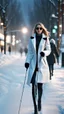 Placeholder: image of a pretty blind young woman with a blind persons white cane walking down a busy street in the winter. 4k. Photorealistic