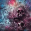 Placeholder: abstract photographic camera mixed with skull in dirty style. fog and smoke in atmosphere. bokeh, lens flare. Dark mood. Dripping paint. oil on canvas, mixed media, high detailed.