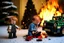 Placeholder: A crying toddler takes a burning car out of a LEGO box marked Land Rover next to the Christmas tree.