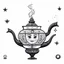 Placeholder: Make black and white cute drawing of a Genie Lamp with black bold lines. Only outline, no grayscale. A curvy, antique oriental arabic lamp with magical smoke swirling out. The smoke forms shapes like stars, moons, and maybe the faint outline of a genie’s face. Surround it with sparkling jewels and coins.