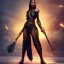 Placeholder: Full body, fantasy setting, heroic fantasy, woman, dark skin, Indian, 20 years old, half-hawk haircut, magician, warrior, hourglass body shape, bicolor hair, muscular, cinematic, Arabian clothes