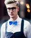 Placeholder: Young attractive male, blonde hair, slight beard, clear glasses, cinematic, depth of field, blue eyes, red bowtie