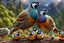 Placeholder: stunningly detailed 3D render illustration of a California quail family, with the male and female quail displaying exquisite, intricate plumage as they tenderly guide their young. They stroll gracefully near an ancient log, surrounded by a lush forest edge and a breathtaking sky filled with vibrant, dramatic clouds. The artwork masterfully captures the essence of nature, reminiscent of renowned artists such as Robert Bateman, Carl Brenders, Flo'n Images, and Nancy Kaestner Hendry. Cinematic typo