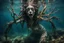 Placeholder: Underwater, closeup siren with big eyes, ragged clothes, fullbody, his skin translucent, black veins that extended like roots, 8k,macro photography,