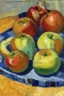 Placeholder: Abstract impasto oil painting of an apples on a table cezanne