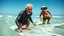 Placeholder: Elderly pensioners on surfboards. Photographic quality and detail, award-winning image, beautiful composition, 35mm lens.